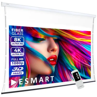 A projection screen displaying a vibrant image of a woman's face with colorful hair, with a remote control placed on the screen.