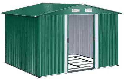 Obrázok produktu pre Záhradná búda – kovová, rozmer 258x206x178 cm – robustná oceľová konštrukcia – vodotesná – s podlahovým rámom a posuvnými dverami – tmavozelená