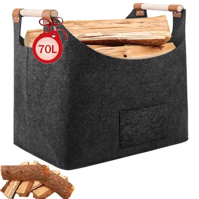 Obrázek produktu pro Velký košík z filce na dřevo do krbu, objem 70 litrů, tmavě šedá barva, rozměry 55x32x40 cm