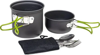 Produktbild von Kochgeschirr-Set Camping Outdoor Grün, Aluminiumtopf und Pfanne mit Besteck