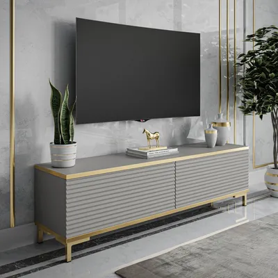 Produktbild von RTV Schrank OXFORD II 135 cm, Grau / grau matt + gold, Beine: Gold