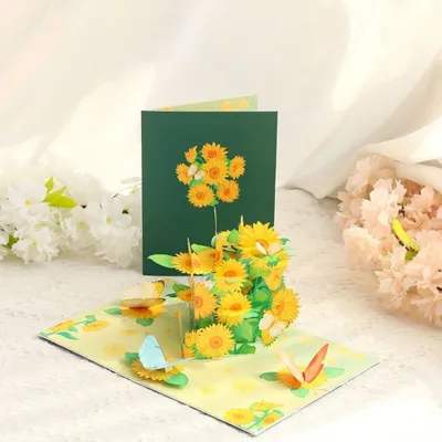 Image de carte de voeux pop-up 3D Fleurs - Tournesols et papillons