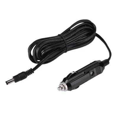 A black power adapter cable with a car cigarette lighter plug on one end and a DC barrel connector on the other, coiled on a white background.