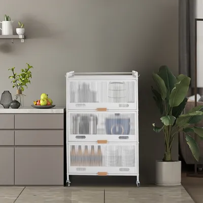Zdjęcie produktu dla 4-poziomowa metalowa półka kuchenna z 4 haczykami Półka stojąca Półka do przechowywania 70*32*110cm Biała