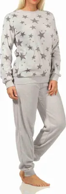 Produktbild von Damen  Pyjama langarm mit Bündchen und Sternen als Motiv - 202 201 97 961 ; grau , 48