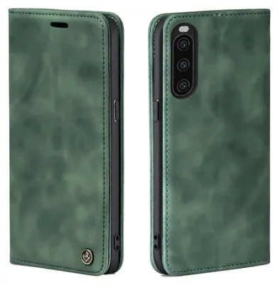 A green flip cover phone case for a Sony Xperia 10 V is shown from two angles.