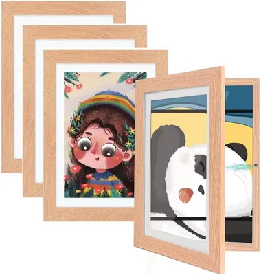 A collection of wooden picture frames with different illustrations inside, arranged in a staggered formation.