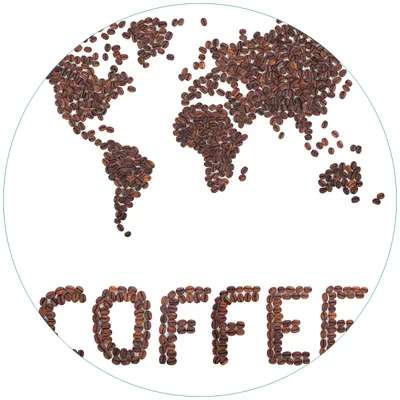 Produktbild von Wallario Premium Glasbild, freischwebende Optik, kräftige Farben, rund 50cm Durchmesser, Motiv Weltkarte mit Schriftzug aus Kaffeebohnen