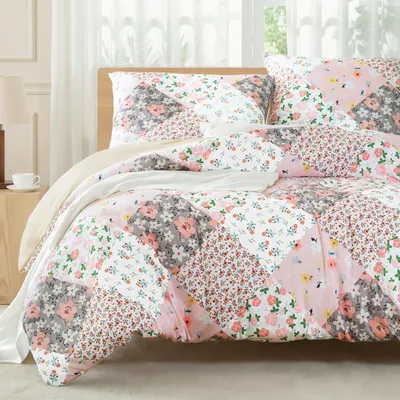 Productafbeelding van Beddengoedset, 200x200 cm, 3-delig, roze ruitpatroon, microvezel, bloemenmotief