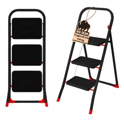 Produktbild von BigDean Trittleiter 3 Stufen klappbar Schwarz/Rot e Sicherheit Leiter bis 150 kg belastbar Tritt klappbar Haushaltsleiter Leiter 3 Stufen