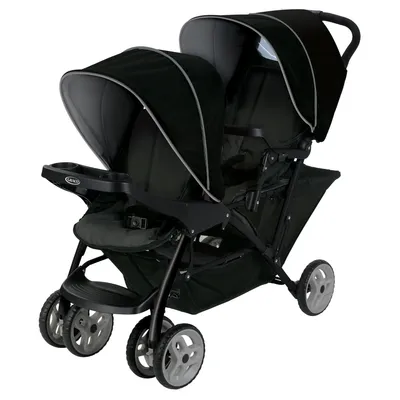 A black Graco Stadium Duo double stroller is shown against a white background.