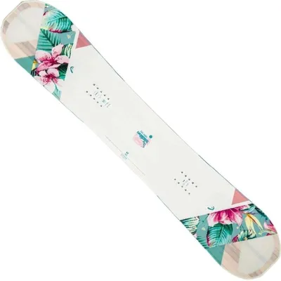 A snowboard with a floral and geometric pattern.