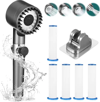 Produktbild von Duschkopf, Hochdruck Duschkopf mit 4 SPA-Modi, Verstellbarer Wassersparend Handbrause, mit 5 Filter und Halterung, Massageduschkopf, Grau
