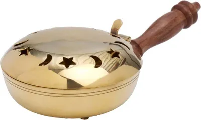 Produktbild von Räucherpfanne Holzgriff Weihrauchgefäß Messing Rauchfass Brenner Deko Gold 7557