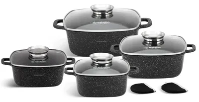 Produktbild von Topf-Set 8-tlg. Wunderschöne Quadratische Töpfe mit Steinbeschichtung in 3 verschiedenen Größen, 2.3L / 2.7 / 4.0L / 4.5L, perfekte Geschenkidee