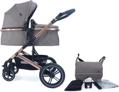 Imagen del producto de Cochecito de bebé Neyla Combi con capazo de tela, asiento de paseo, bolso para pañales, portavasos, funda para la lluvia, mosquitera y cambiador (dorado/marrón)