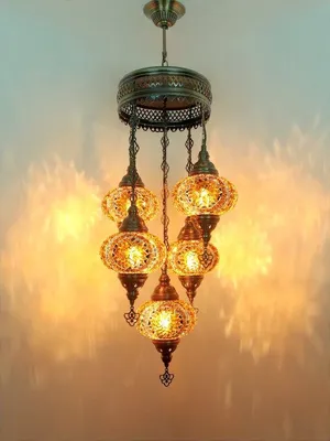 Image de Suspension turque à 5 ampoules en verre mosaïque brun – plafonnier oriental avec 5 boules