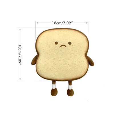 A plush toy shaped like a slice of toast with a sad face, shown with size indicators.