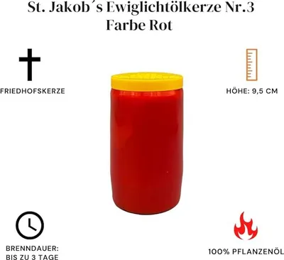 Produktbild von St. Jakobs Grabkerzen Nr. 3 rot, Ewigöllicht, Grablicht, Öllichter, Grablampe, Grableuchte, Grabgestaltung, Brenndauer bis zu 3 Tage, 20 Stück