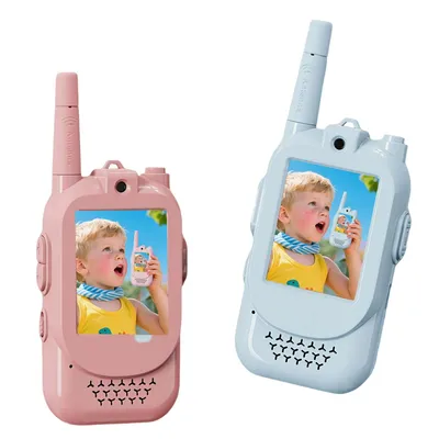 Two walkie-talkies, one pink and one light blue, displayed side-by-side against a white background. Each walkie-talkie has a screen showing a picture of a child holding a walkie-talkie.