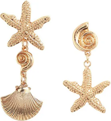 Produktbild von 1 Paar Hängeohrringe für Damen, 3D-Seestern-Muschelform, einfarbig, galvanisiert, antiallergisch, leicht, Ohrschmuck, Schmuck, baumelnde Ohrringe, Party, Abschlussball, lange Ohrringe