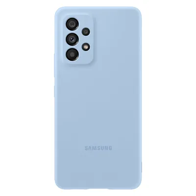 The back of a light blue Samsung phone case is shown against a white background.