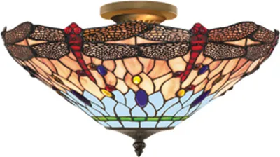 Image de Dragonfly - Plafonnier à 1 flamme semi-affleurant, laiton antique, verre Tiffany