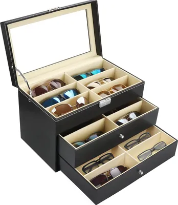 Obrázok produktu pre Kurtzy Black Faux Leather Sunglasses Storage Glasses Box 18 priehradiek - 3-rovov uzamykaten skrinka na okuliare Glasses Box pre viacero