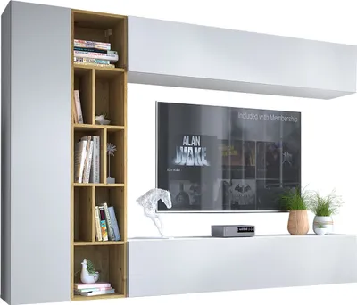 Produktbild von MIRJAN24 Wohnwand Kodita, Praktisch Wohnzimmer-Set, TV-Schrank, Wandschrank, Standregal (Farbe: Weiß / Artisan Eiche)