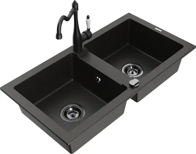 Produktbild von Mexen Mario 2-Becken-Granitspüle mit Mischbatterie Carla, Schwarz/Gold metallisch - 6504-75-670700-70-B