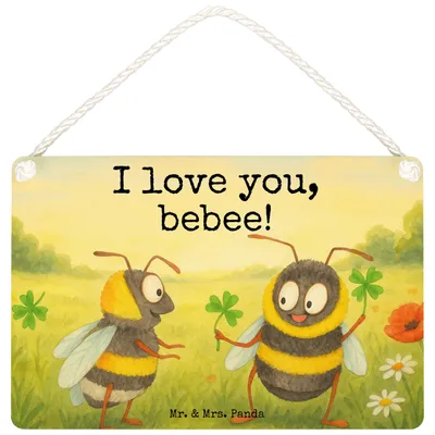Produktbild von Mr. & Mrs. Panda Schild Bienen Paar Design DIN A5 - Weiß - Geschenk, Wandbild Holz, für Frauen, kleine aufmerksamkeit, holzbild, Freundin, wandtafel, Valentinstag, Freund