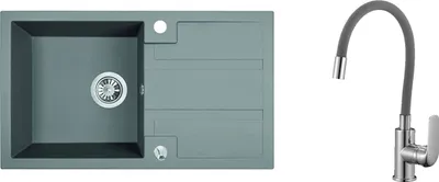 Produktbild von BADLAND Elza Set Spülbecken Granitspüle Einzelbecken mit langer Ablaufplatte Grau Armatur Spültischarmatur Siphon
