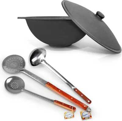 Produktbild von Kazan Gusseisen 16L Uzbekisch Kochtopf Schaumlöffel Kessel Camping WOK