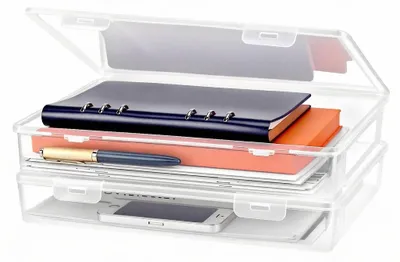 Image de 2 boîtes d'archivage au format A4, en plastique transparent, dimensions : 31 x 22 x 5 cm