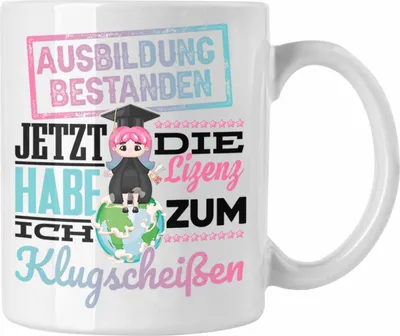 Produktbild von Trendation - Ausbildung Bestanden Stempel Geschenk Tasse Geschenkidee Bestandene Prüfung Abschluss 2023 Lizenz Zum Klugscheißen (Weiß)