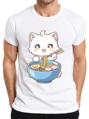 Zdjęcie produktu dla T-shirt męskie z motywem "Kawaii Katze Ramen Anime Manga", z nadrukiem przedstawiającym japońską zupę ramen, w stylu anime i mangi. Kolor: biały. Rozmiar: S. Idealny jako prezent