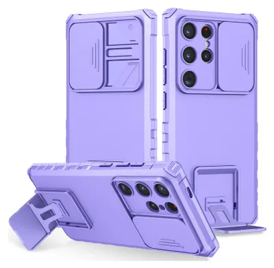 Three views of a purple phone case with a sliding camera cover and kickstand.