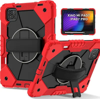 Image de Etui pour Xiaomi Pad 7 / Pad 7 Pro, étui pour tablette avec dragonne pivotante à 360° et support rouge noir
