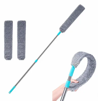 Obrázok produktu pre Teleskopická utierka Staubwedel z mikrovlákna, umývateľná, s výsuvnou tyčou z nehrdzavejúcej ocele, dĺžka 46-124 cm, s 2 utierkami
