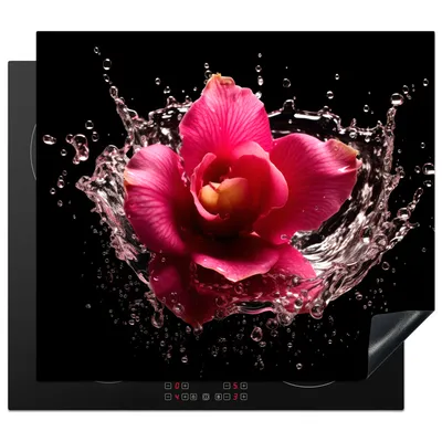 Produktbild von KitchenYeah© Herdabdeckplatte Blumen - Rosa - Wasser - Schwarz - Botanisch - Natur , 59x52cm, Küche Deko, Glaskeramikkochfeld Herdabdeckung, Abdeckplatte fùr Kochfeld