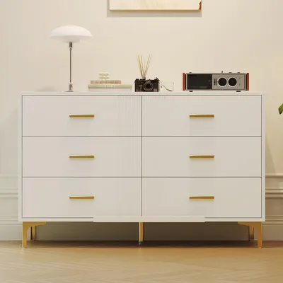 Image de OKWISH Commode - Commode Moderne avec 6 Tiroirs pour Chambre ou Salon, Pieds Dorés, Rangement Spacieux - 120x40x76 cm, Blanc
