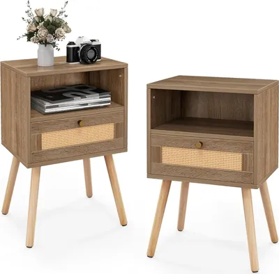Immagine prodotto di Comodino KOMFOTTEU con cassetti in rattan, comodino in legno, comodino con gambe in pino e ripiano aperto, consolle da comodino 40x30x60,5 cm