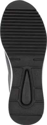The sole of a black sneaker is shown against a white background.