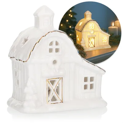 Produktbild von com-four® LED-Haus aus Porzellan - batteriebetriebenes Leuchthaus - weißes glänzendes Deko-Lichthäuschen für Winter und Weihnachtsdekoration