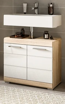 Produktbild von Waschbeckenunterschrank "Mambo" in weiß Hochglanz und Sonoma Eiche Badschrank 60 cm