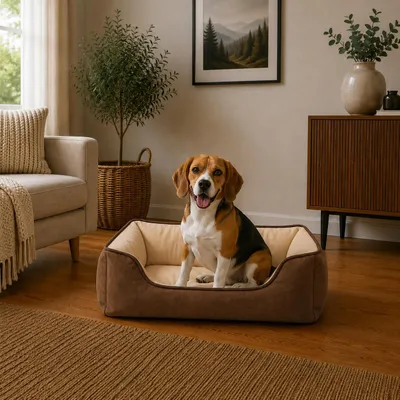 Produktbild von belviona Hundebett, wendbares Hundekörbchen mit 2-in-1 Funktion, weich gepolstert & pflegeleicht, 80x60 cm, braun/beige