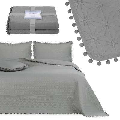 Produktbild von Tagesdecke Wohndecke Pompons und Steppung Wendefunktion dunkelgrau - 200 x 220 cm