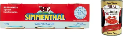 Produktbild von 12x Simmenthal Menosale Leckeres Mageres Fleisch in Gemüsegelee und Honig mit -26% Salz (3 x 90g) Dosenfleisch Fertiggericht aus Rindfleisch + Italian Gourmet polpa 400g