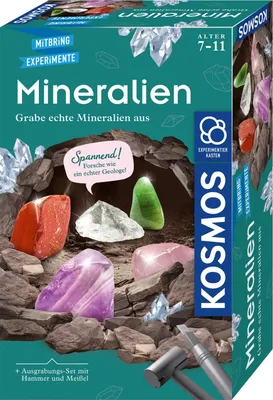 The image shows the packaging of a KOSMOS Mineralien excavation kit, featuring colorful mineral specimens and tools.