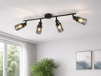 Produktbild von LED Deckenstrahler 4-flammig mit schwenkbaren Rauchglas Lampenschirmen, B: 60cm